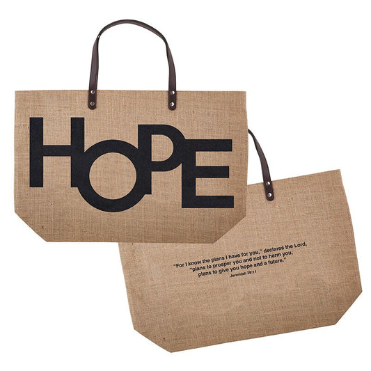 HOPE IS Jute Tote - Durable with Waterproof Lining, Suitable for Beach, Laundry, Gardening, and Shopping - Inspirational Word on the Front with Corresponding Bible Verse on the Back - Shop Blue Orchid Boutique