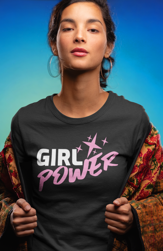 Girl Power Stars-Dark Heather Grey T-Shirt - Soft 100% Airlume Combed Cotton, Light Fabric, Retail Fit, Tear-Away Label, True to Size - Shop Blue Orchid Boutique