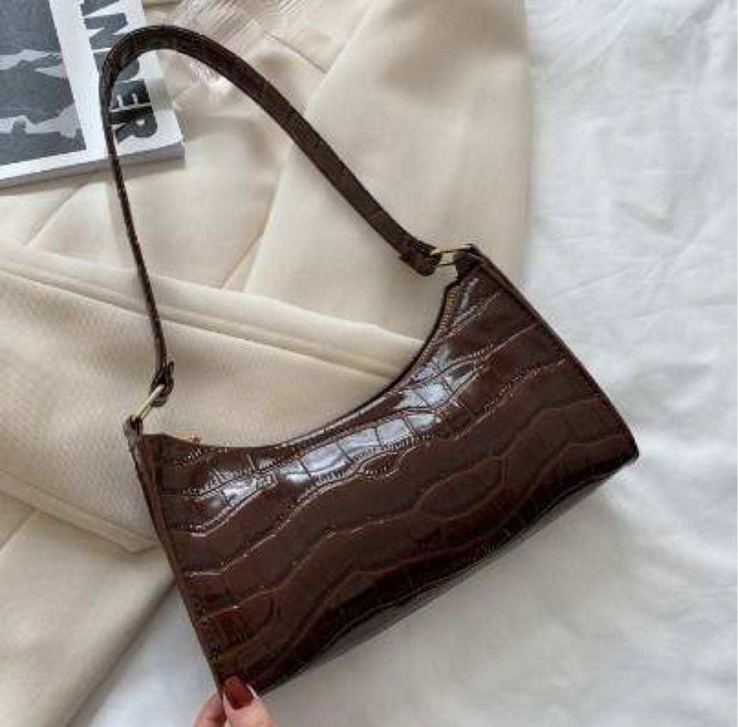 “SheBad” Brown Alligator Print Handbag
