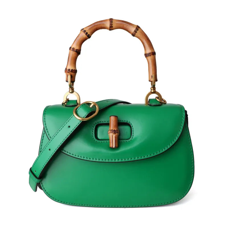 Classic "SHEBAD" Leather Bamboo Handle Handbag - Genuine Leather Bamboo Handle Purse - Green, Gold, and Brown - Shop Blue Orchid Boutique