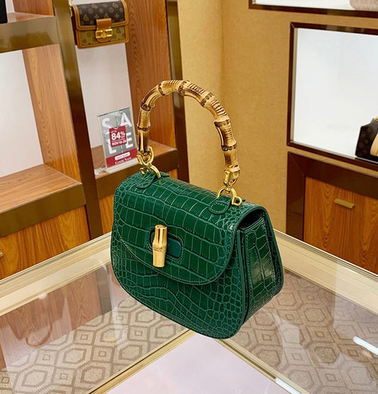 Green Crocodile Leather Bamboo Handle Handbag