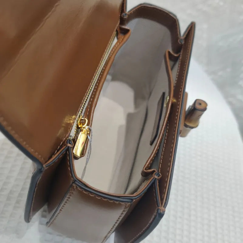 Chic "SHEBAD" Genuine Leather Bamboo Handle Handbag in Brown - Shop Blue Orchid Boutique