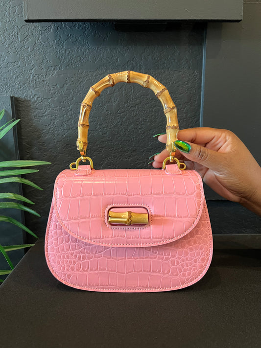 Pink Crocodile Leather Bamboo Handle Handbag