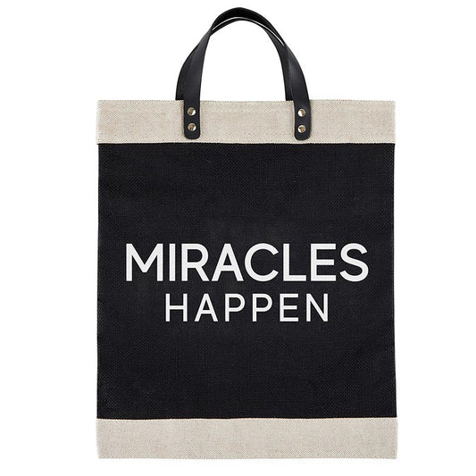 MIRACLES HAPPEN Canvas Tote - Stylish and Functional Market Tote in a New Color - Inside Pocket for Organization, Waterproof Lining to Prevent Accidental Spills - Made of Cotton Canvas with Leather Details - Size: 20" W x 11" H, 6" Gusset - Shop Blue Orchid Boutique