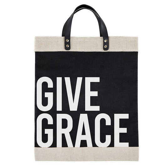 GIVE GRACE Canvas Tote - Fun and Colorful Design - Cotton Canvas with Waterproof Lining and Leather Accents - Size: 20" W x 11" H x 6" Gusset - Shop Blue Orchid Boutique
