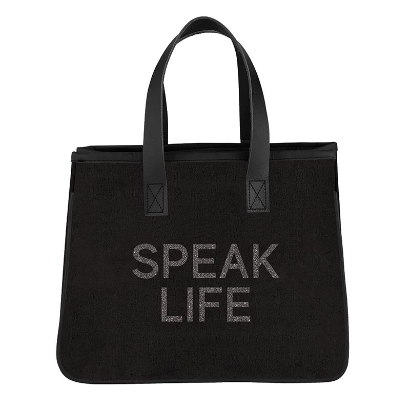 Compact SPEAK LIFE Mini Canvas Tote - Canvas Material with Leather Handles - 11" W x 9.5" H, 6" Gusset - Shop Blue Orchid Boutique