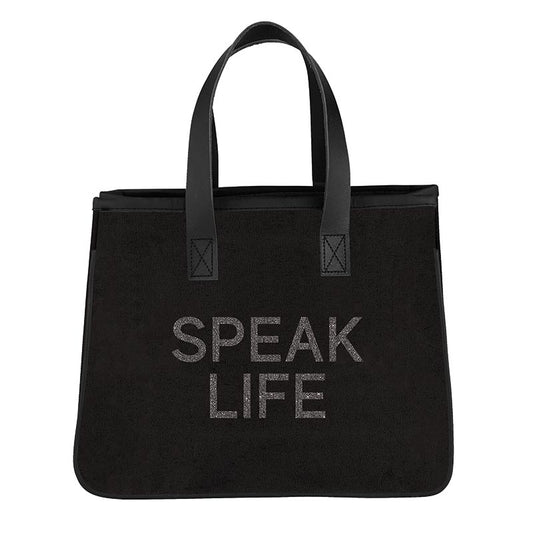 Compact SPEAK LIFE Mini Canvas Tote - Canvas Material with Leather Handles - 11" W x 9.5" H, 6" Gusset - Shop Blue Orchid Boutique