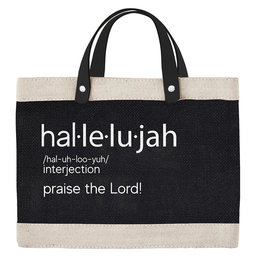 HALLELUJAH Mini Canvas Tote - Perfect for Organization with Inside Pocket - Made of Jute and Leather - Size: 12.5" W x 9.5" H x 5.5" Gusset, Pocket: 5" W x 7.75" H - Shop Blue Orchid Boutique