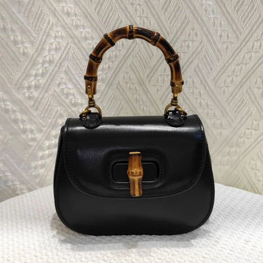 Chic "SHEBAD" Genuine Leather Bamboo Handle Handbag in Black - Shop Blue Orchid Boutique