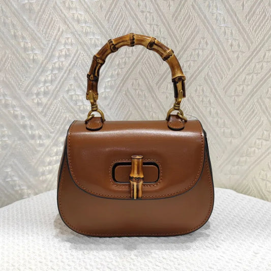 Chic "SHEBAD" Genuine Leather Bamboo Handle Handbag in Brown - Shop Blue Orchid Boutique