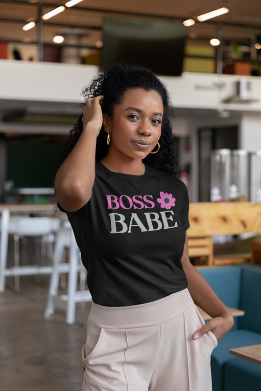 BOSSBABE T-shirt - Black, Pink, and Grey - 100% Airlume Combed Cotton, Light Fabric, Retail Fit, Tear-Away Label, True to Size - Shop Blue Orchid Boutique