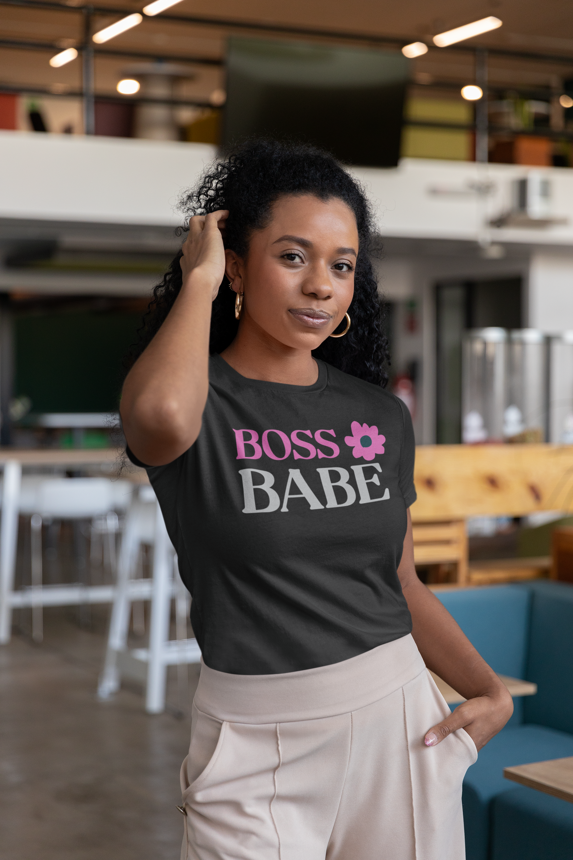 BOSSBABE T-shirt - - Black, Pink, and Grey - 100% Airlume Combed Cotton, Light Fabric, Retail Fit, Tear-Away Label, True to Size - Shop Blue Orchid Boutique