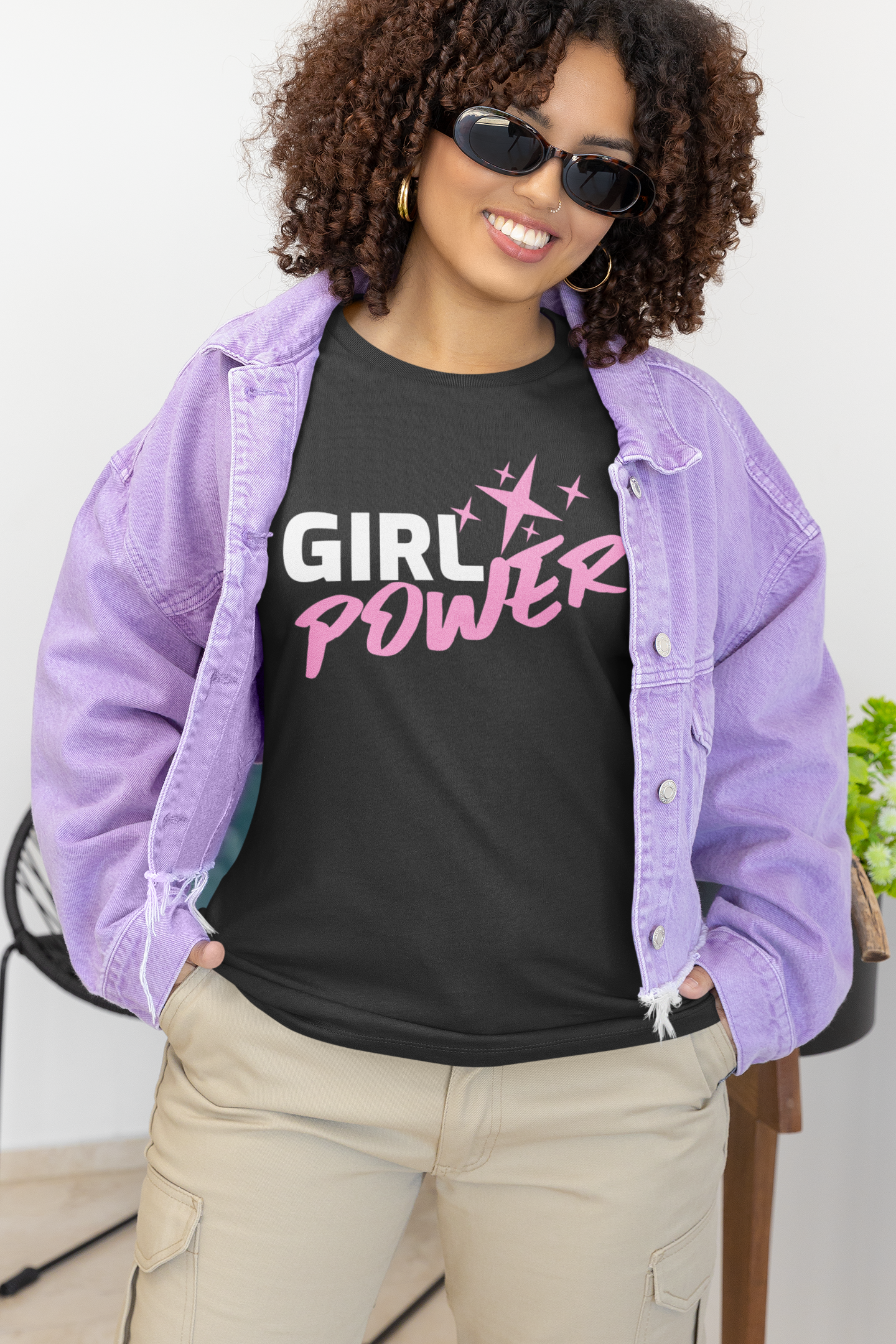 Girl Power Stars-Dark Heather Grey T-Shirt - Soft 100% Airlume Combed Cotton, Light Fabric, Retail Fit, Tear-Away Label, True to Size - Shop Blue Orchid Boutique